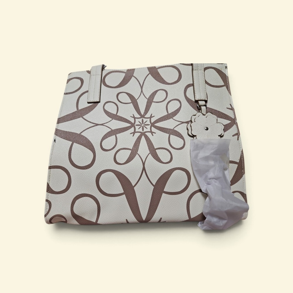 AVON Signature Cream Taupe Scroll Print Tote Bag Floral Charm Shoulder Bag 0403
